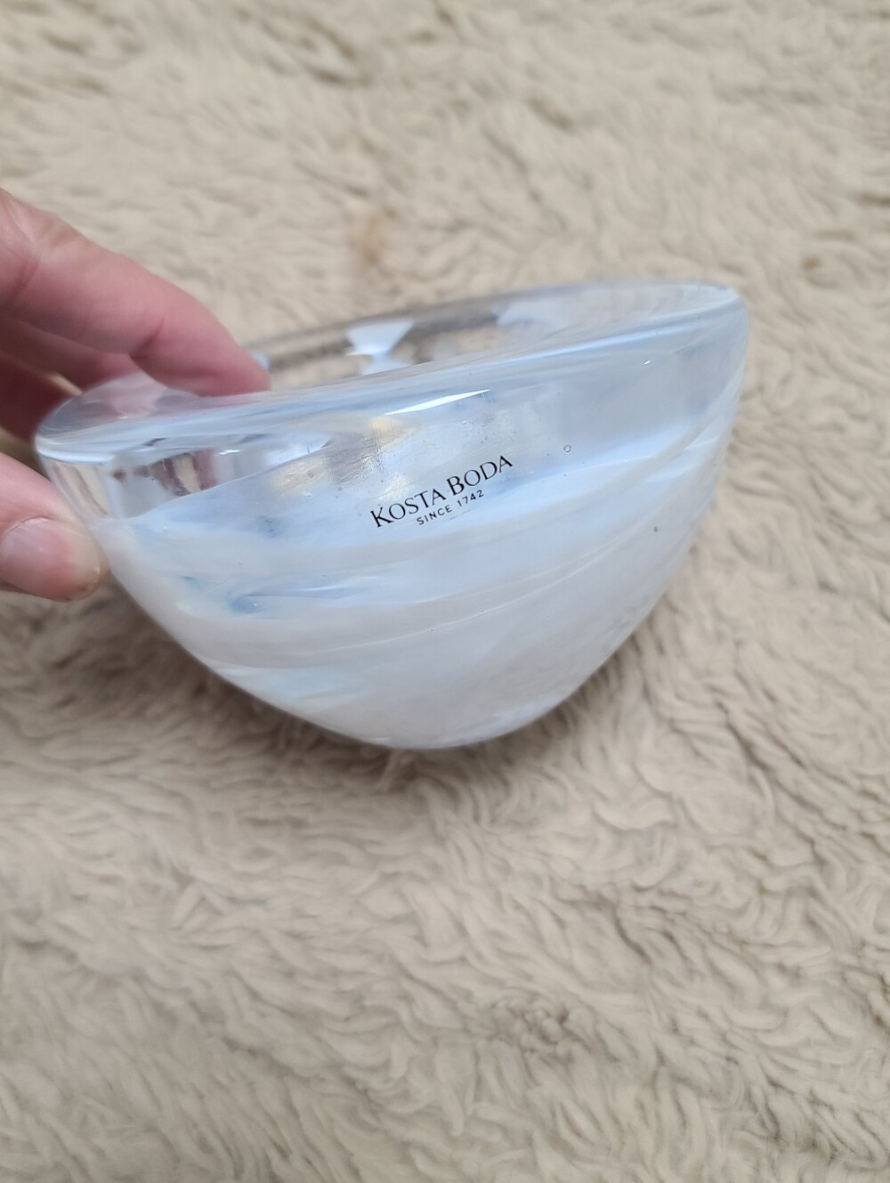 Swedish Kosta Boda White Blue Swirl Art Glass Bowl, Votive Candle Holder
